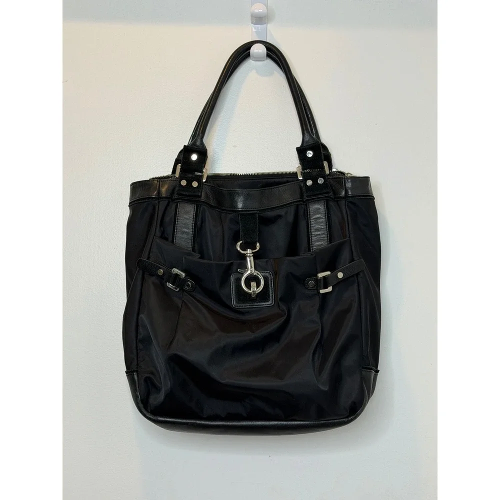 Furla Black Nylon Leather Trim Tote‎ Bag Silver Hardware Vintage Bag